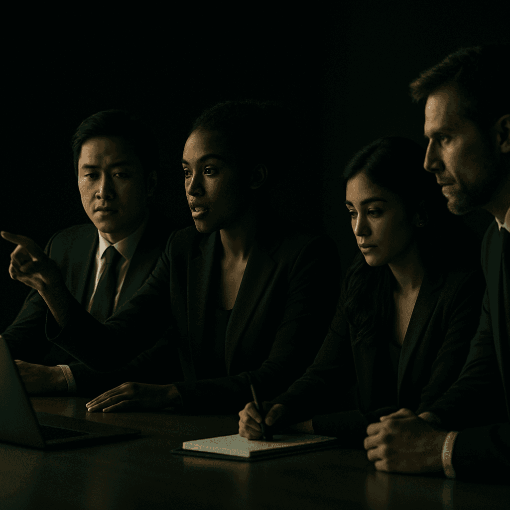 A diverse group of executives in a focused decision-making moment
